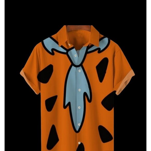 Fred Flintstones Orange Button Down Men's V-Neck Beach Party Short Sleeve Shirt - Picture 3 of 5